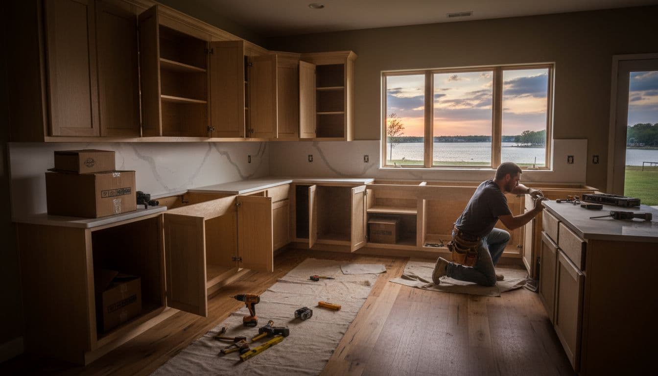 Half-remodeled kitchen in a Lake Dallas TX home with new cabinets half open and tools nearby, quartz counters partially fitted, warm wooden floors, and a window overlooking the lake, featuring one contractor working carefully in cinematic style.