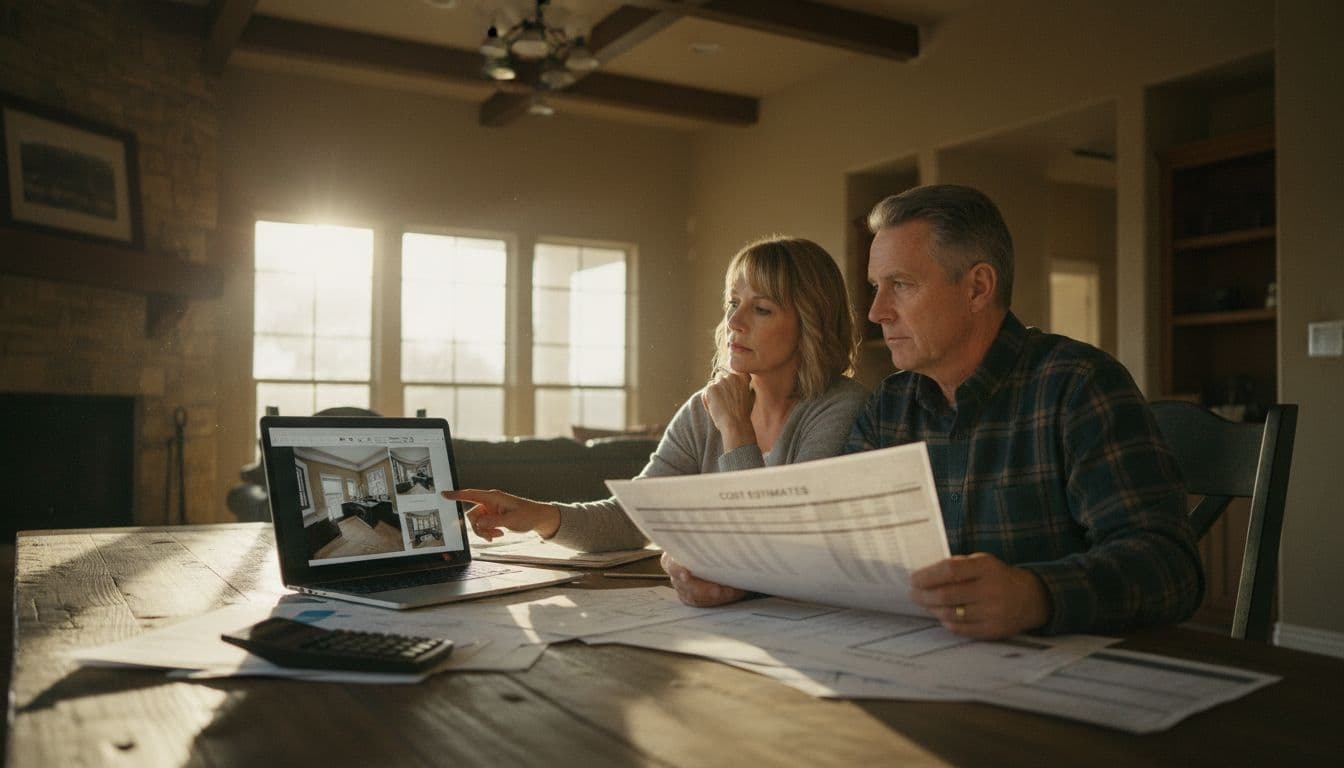 A middle-aged couple sits at a wooden kitchen table in a cozy Hickory Creek, Texas home, reviewing printed cost estimates and laptop remodel plans amid scattered papers and calculator under warm cinematic lighting.