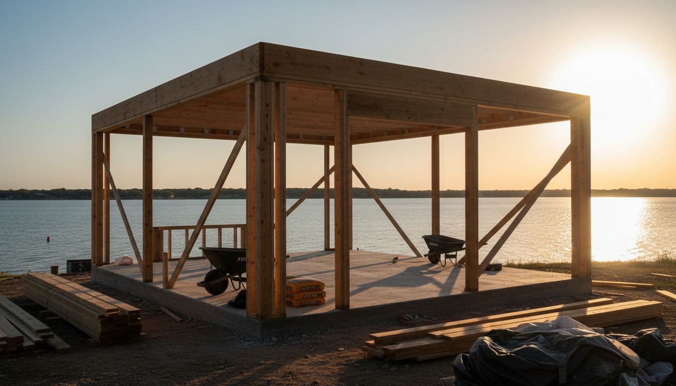 Outdoor patio addition under construction in Hickory Creek, TX, at the framing stage with stacked materials and a view of Lake Lewisville in the background. Golden hour lighting creates dramatic shadows and strong contrast in a cinematic style.