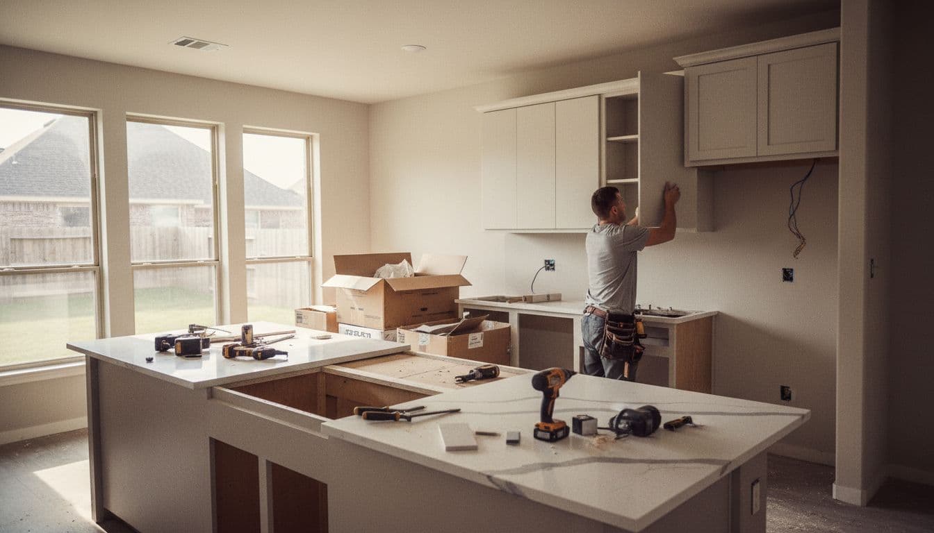 A worker installs new cabinets in a half-finished modern kitchen remodel in a suburban Hickory Creek, TX home, with tools on the counter and sunlight highlighting details in cinematic style.