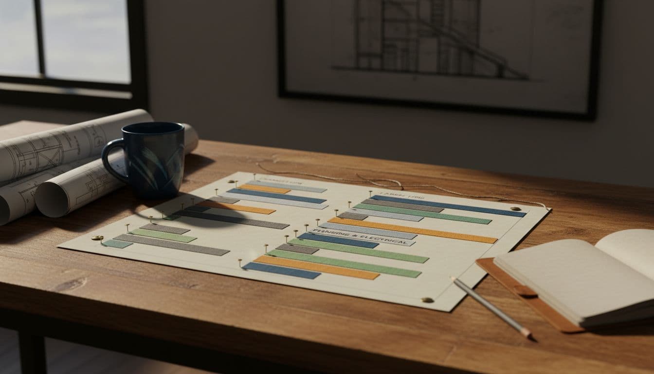 A Gantt chart-style timeline illustrating home renovation phases on a wooden desk with blueprints, coffee mug, and notebook, under soft office lighting in cinematic style with strong contrast and depth. No text, people, screens, watermarks, or letterboxing visible.