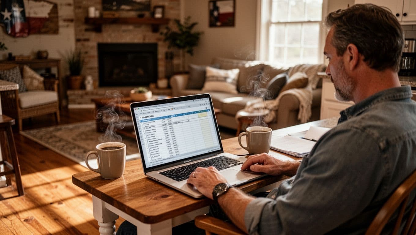 Homeowner at kitchen table in cozy Texas living room reviews budget spreadsheet on laptop, coffee mug nearby, relaxed pose, cinematic style with dramatic lighting.