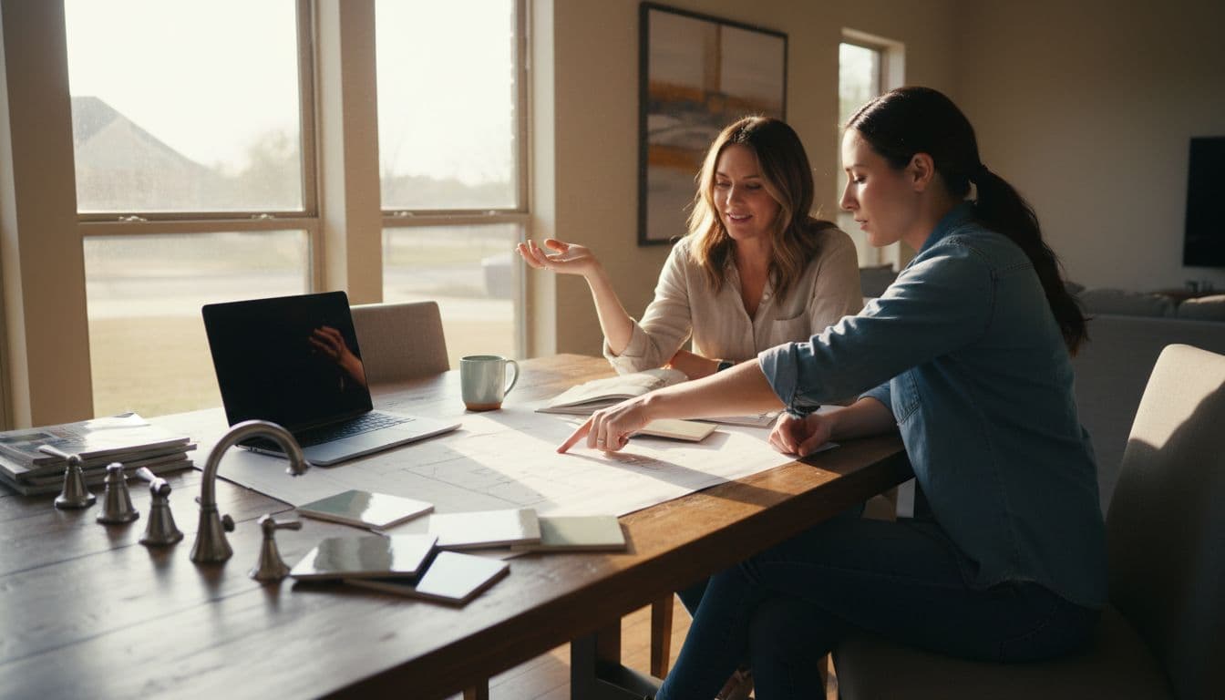 Homeowner and female contractor seated at kitchen table with blueprints, tile swatches, catalogs, and open laptop.