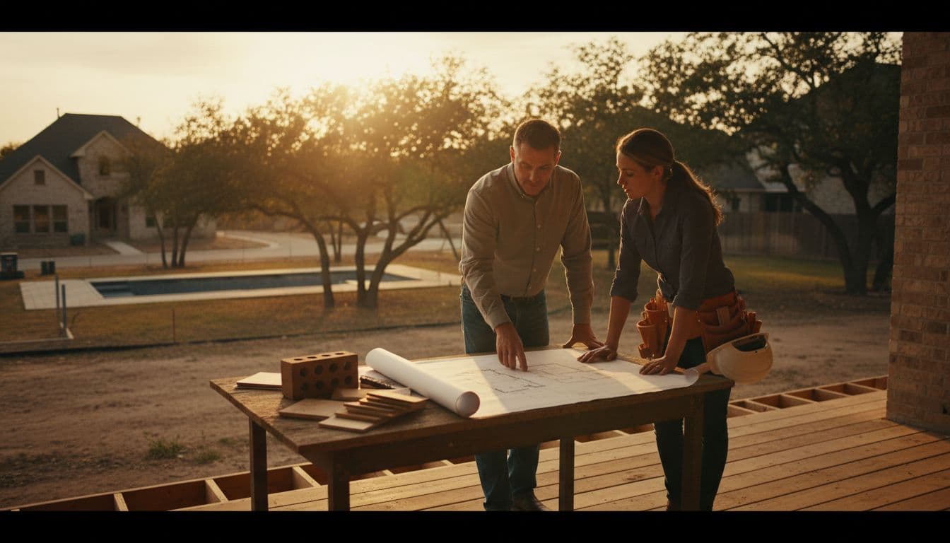 Homeowner and contractor review blueprints at a suburban construction site backyard, highlighting smart planning for budgeting strategies.