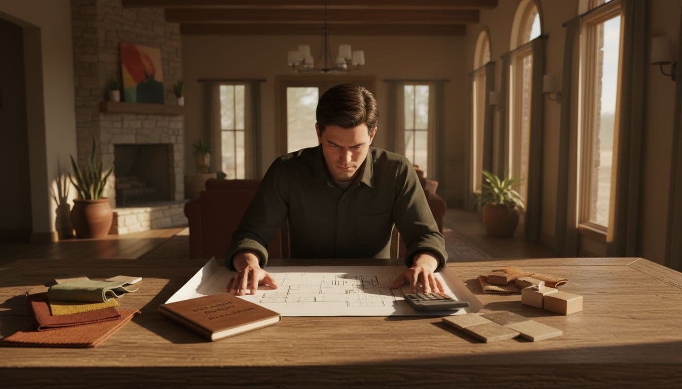 Focused homeowner at wooden dining table in bright Texas living room examines remodel blueprints, notebook, calculator, and material samples with soft afternoon light and cinematic dramatic lighting.