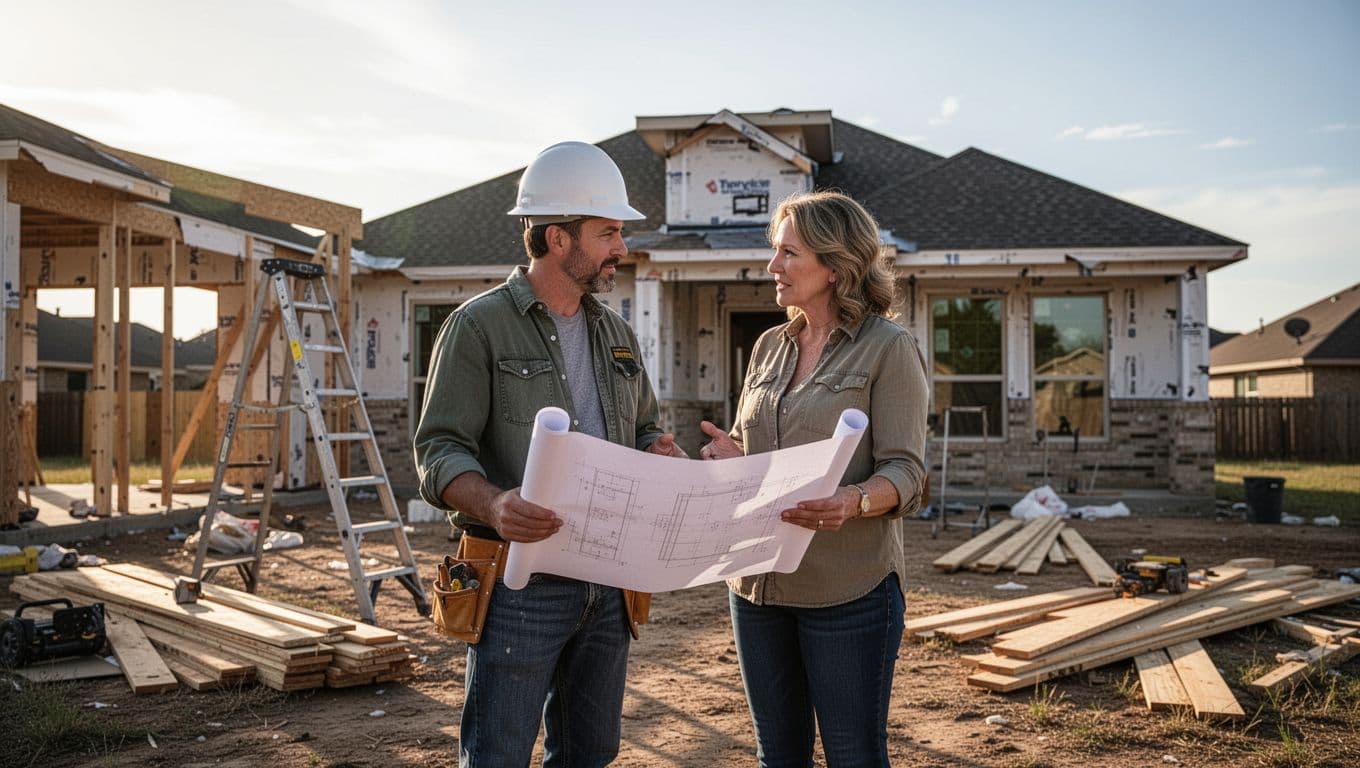Contractor in hard hat and casual homeowner discuss rolled blueprints loosely on a sunny construction site beside partially remodeled Texas suburban home with ladder and materials nearby.