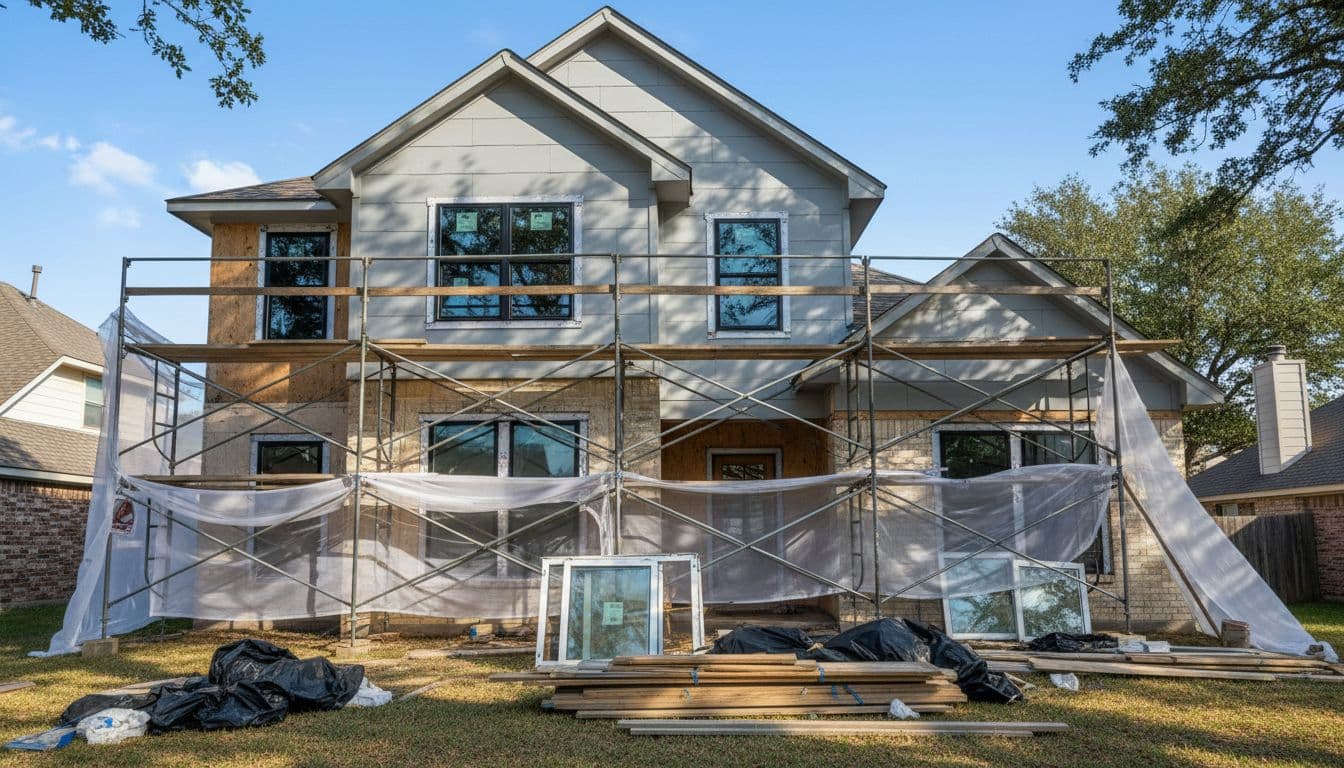 A suburban home in Lewisville, TX, features exterior renovation with scaffolding, fresh siding, and new windows under bright afternoon sunlight casting dramatic shadows. Cinematic style with strong contrast, depth, and lighting highlights the renovation process.