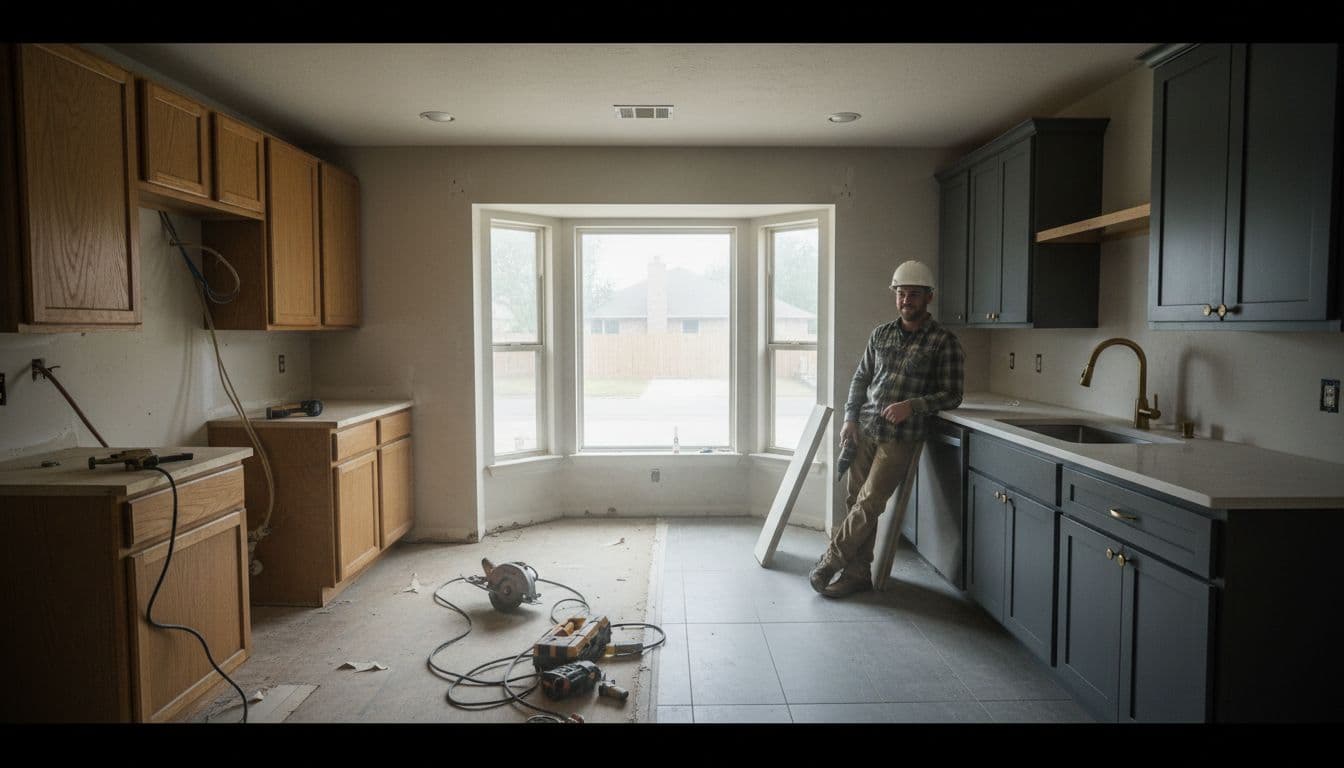Modern kitchen renovation underway in a suburban Lewisville TX home, featuring half old half new design to show transformation, natural daylight, one worker with tools in relaxed pose, cinematic style with dramatic lighting.