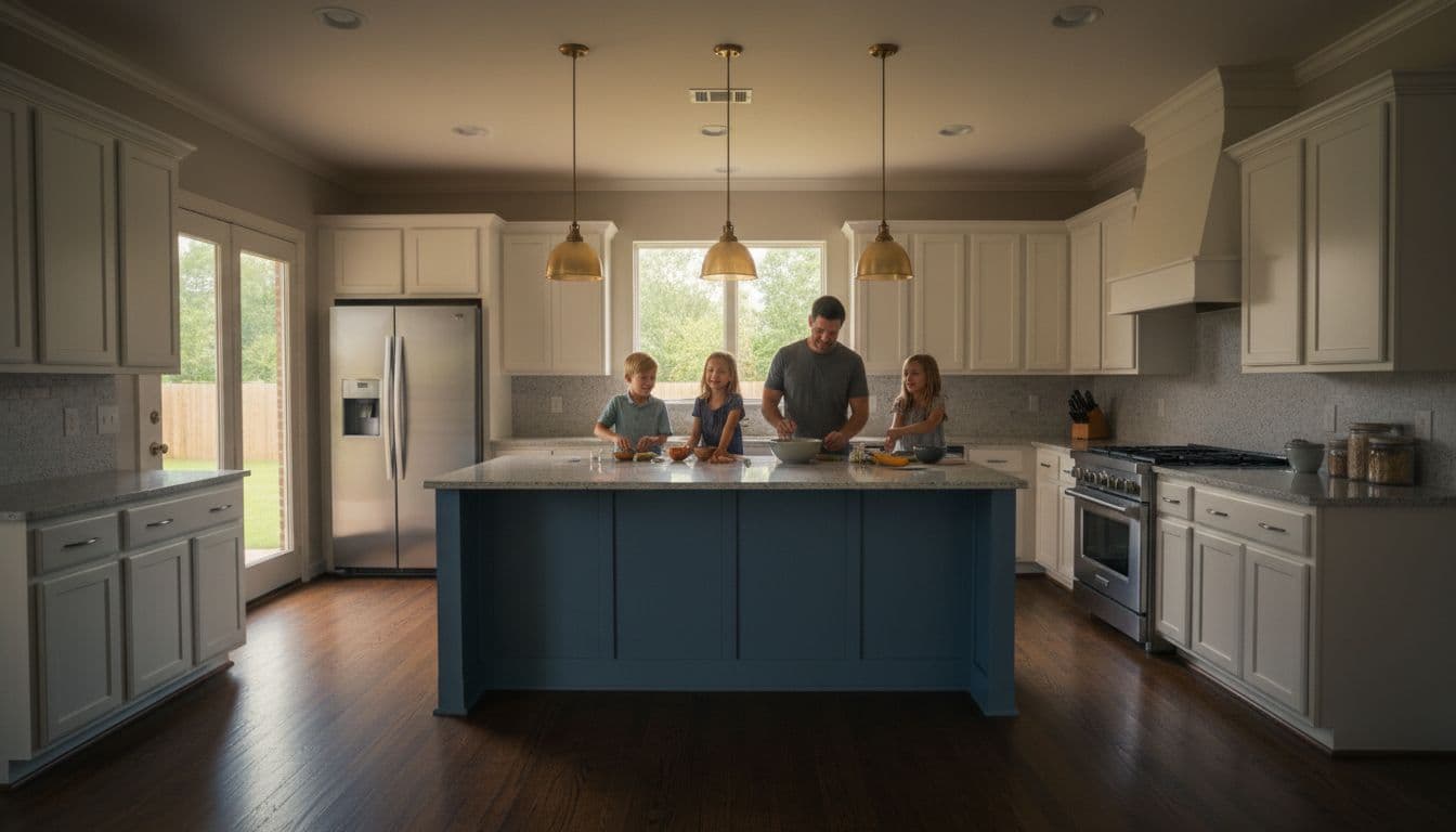 Family of four at central island in kitchen with shaker cabinets, quartz countertops, stainless appliances, hardwood floors.