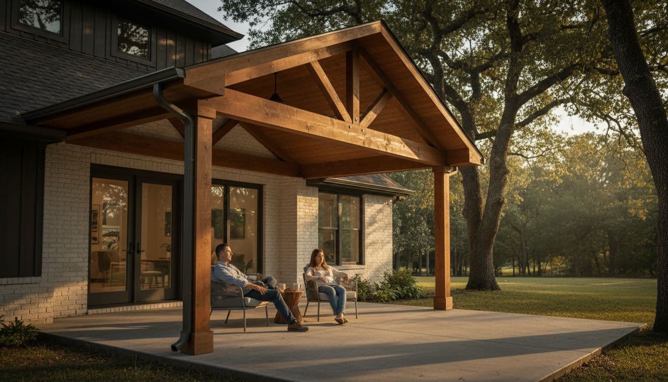 Elegant mid-range cedar patio cover featuring insulated roof panels and clean trim details attached to a modern North Texas home. Spacious concrete patio with lounge chairs, small table, and two adults relaxing in soft afternoon sunlight with cinematic dramatic lighting.