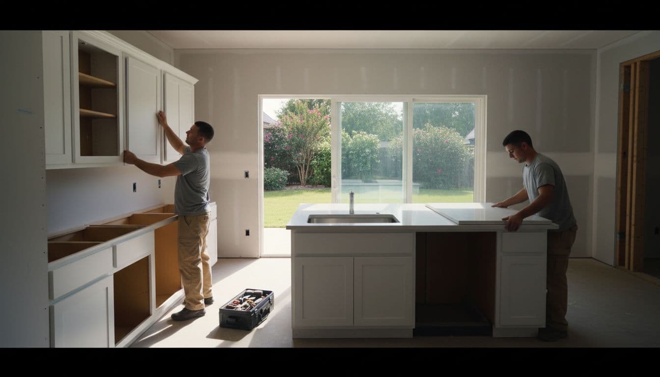 Two workers installing white shaker cabinets, quartz countertops, and stainless appliances in a bright Flower Mound, Texas suburban home with open layout and backyard view.