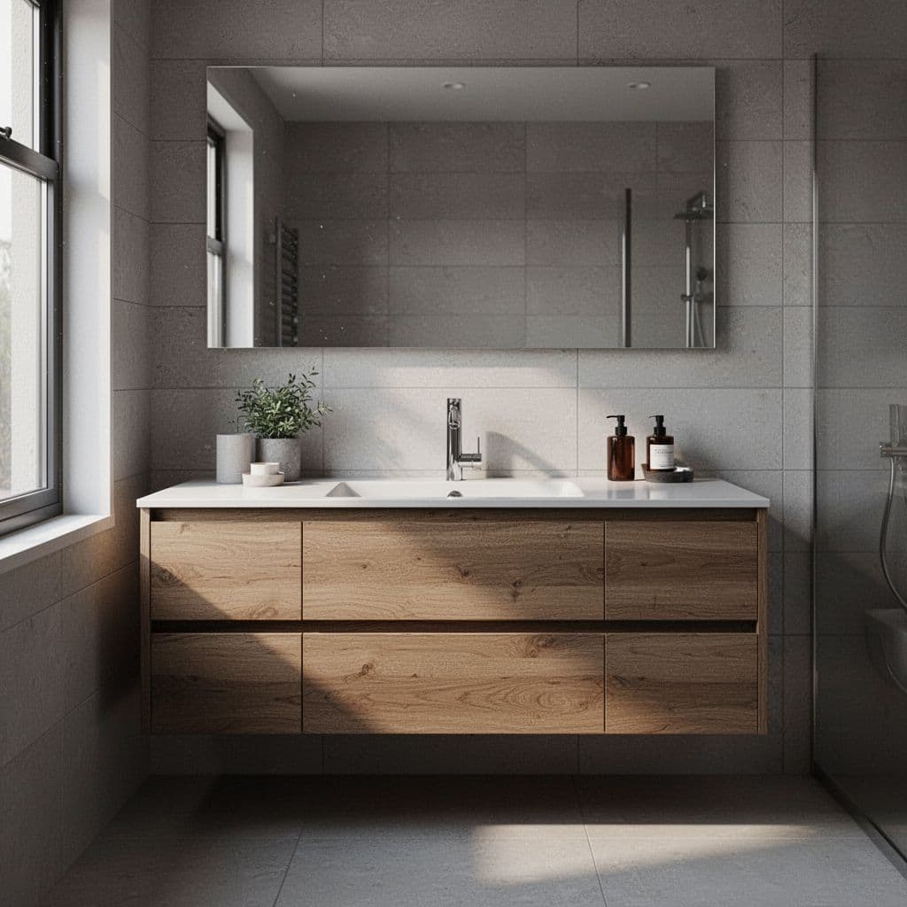 Partially assembled bathroom vanity with tiles and fixtures in a clean modern design, featuring soft window light, cinematic style with strong contrast, depth, and dramatic lighting.