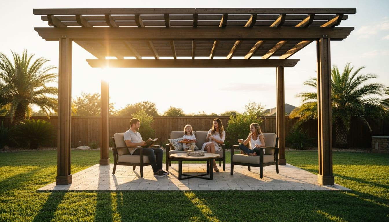 A modern freestanding patio cover with wooden beams shades a family of three relaxing at a table and chairs in a sunny Denton, Texas backyard featuring a lush green lawn. Captured in cinematic golden hour lighting with strong contrast, depth, and dramatic sunlight.