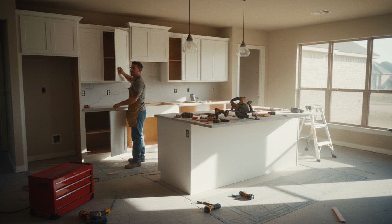 Spacious modern kitchen during remodel in suburban Texas home, carpenter installing white shaker cabinets and quartz countertop, open layout with island and natural light.
