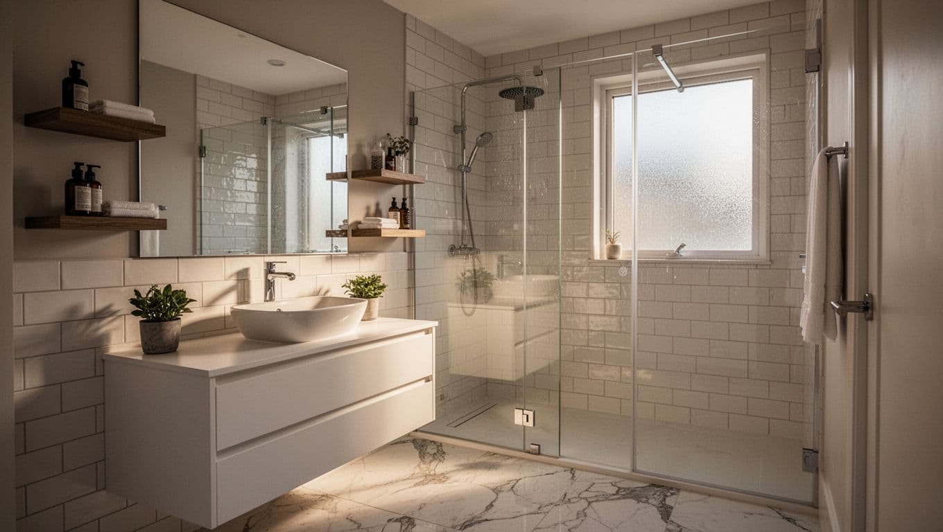 Clean modern bathroom in North Texas home featuring white vanity with vessel sink, frameless glass shower, subway tile walls, rainfall showerhead, floating shelves, large mirror, marble-look floors, and soft natural light from frosted window.