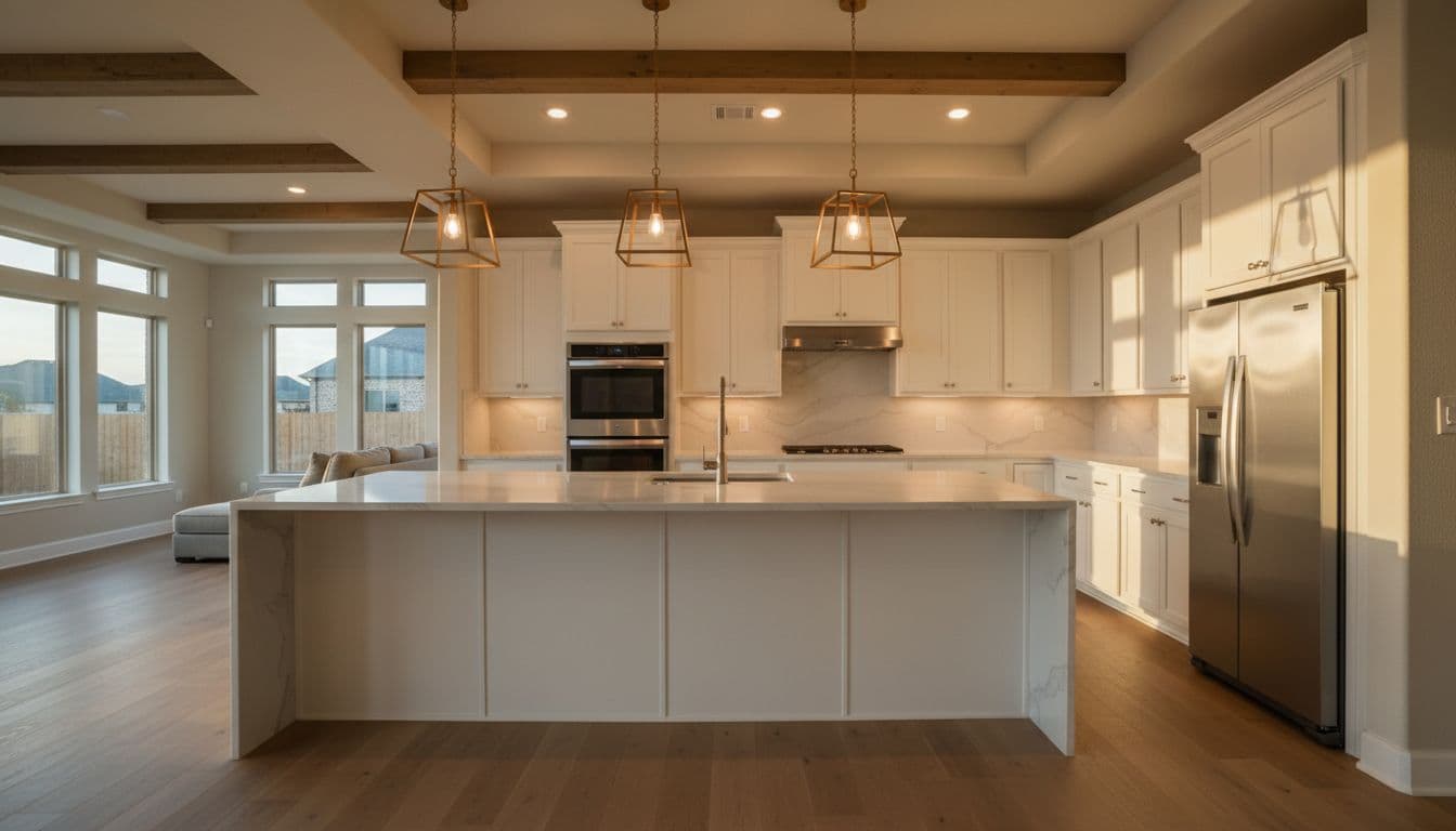 Wide-angle cinematic view of a bright modern open-concept kitchen in a suburban Texas home, featuring white shaker cabinets, quartz countertops, stainless steel appliances, and a large island with pendant lights; empty space with dramatic golden hour lighting.