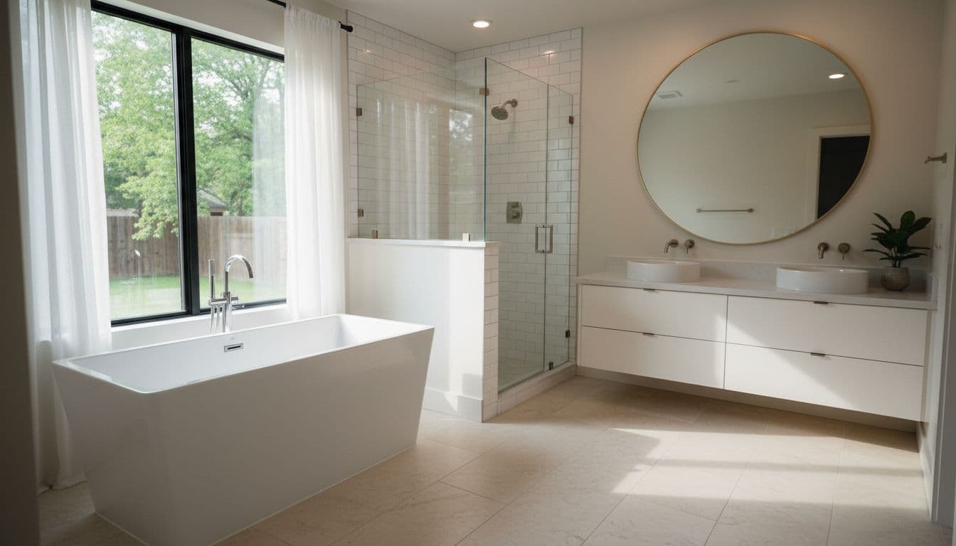 Bright modern bathroom renovation in a suburban Texas home featuring white vanity, subway tile shower, freestanding tub, large mirror, natural stone floors, and abundant natural light from a window. Cinematic style with strong contrast, depth of field, and dramatic soft lighting.