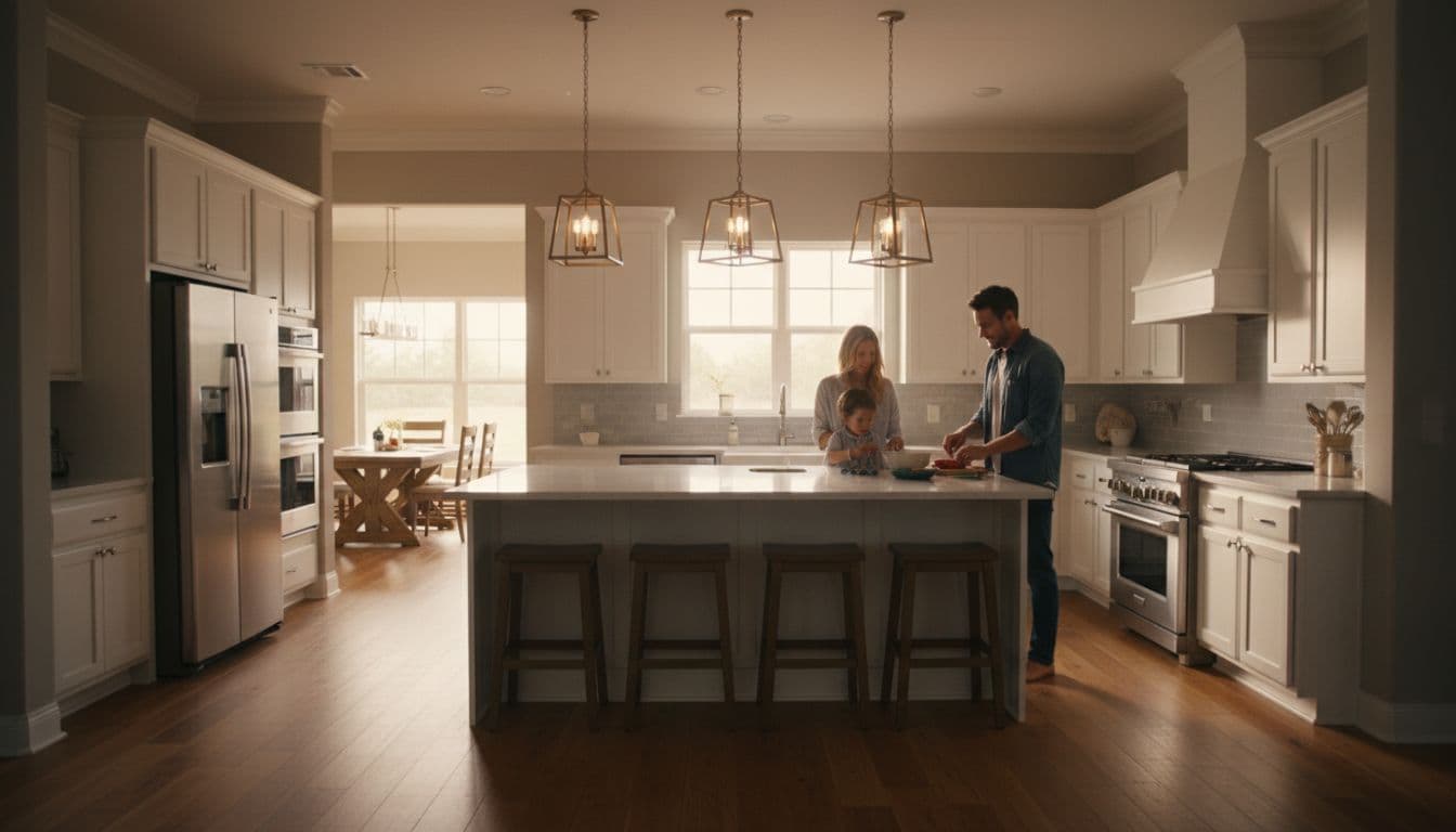 A bright, spacious modern kitchen remodel in a suburban Texas home features white shaker cabinets, quartz countertops, stainless steel appliances, and a large island, with a family of two adults and one child casually preparing a meal under warm sunlight.