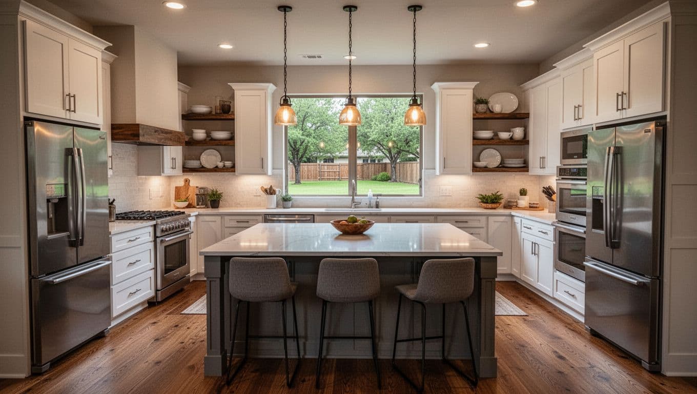 Cozy modern kitchen interior in a Texas suburban home with white shaker cabinets, quartz countertops, stainless steel appliances, large center island, pendant lights, open shelves, hardwood floors, and window to green backyard.