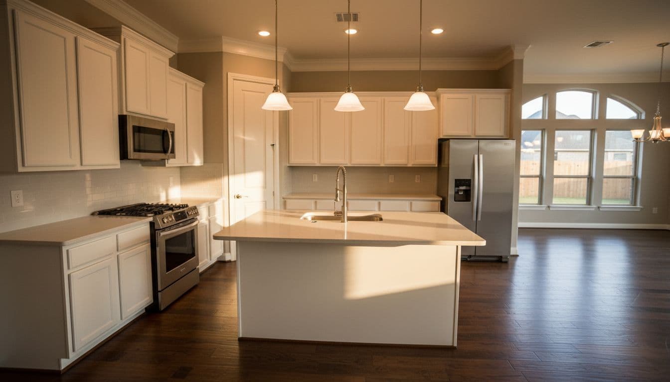 Spacious modern kitchen in a suburban Texas home with white shaker cabinets, quartz countertops, large island, stainless steel appliances, hardwood floors, and open layout. Cinematic style featuring strong contrast, depth of field, and dramatic warm lighting from windows.