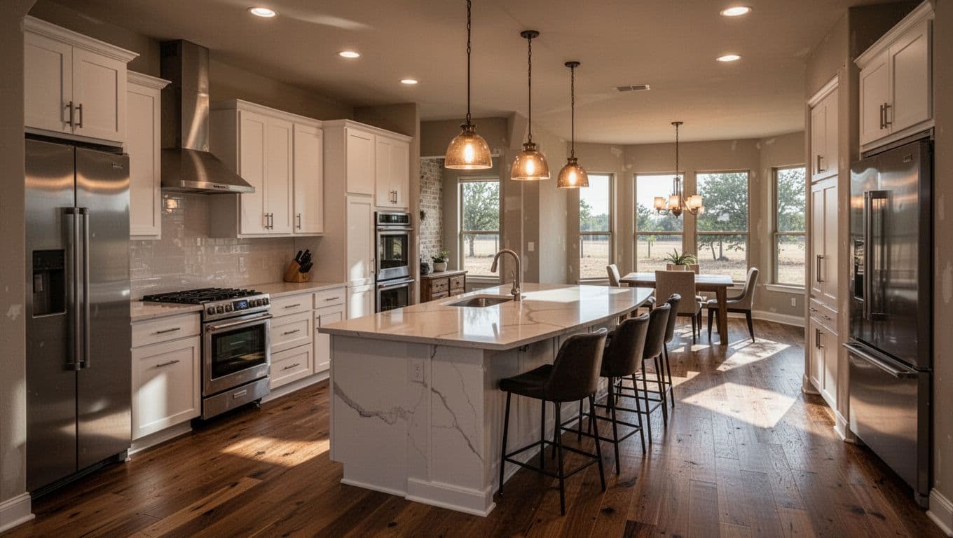 Modern kitchen renovation in a Texas ranch-style home with white cabinets, quartz countertops, stainless steel appliances, central island, warm pendant lighting, hardwood floors, and open layout to dining area; empty room, cinematic style with dramatic lighting and natural daylight.