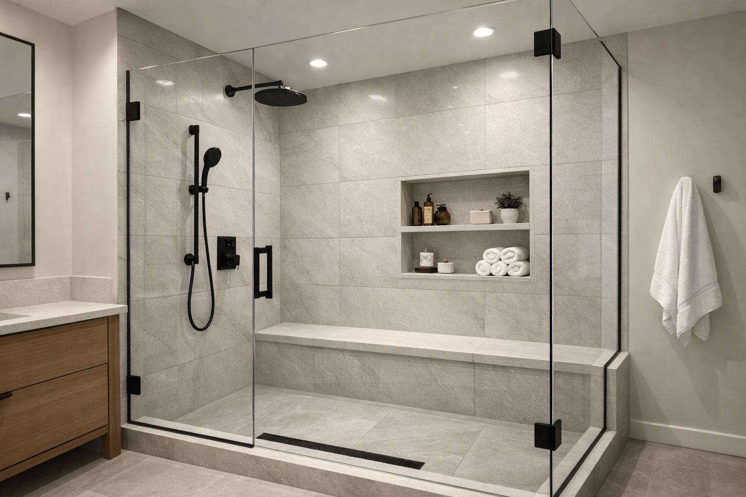 Modern bathroom with remodeled walk-in shower and frameless glass enclosure