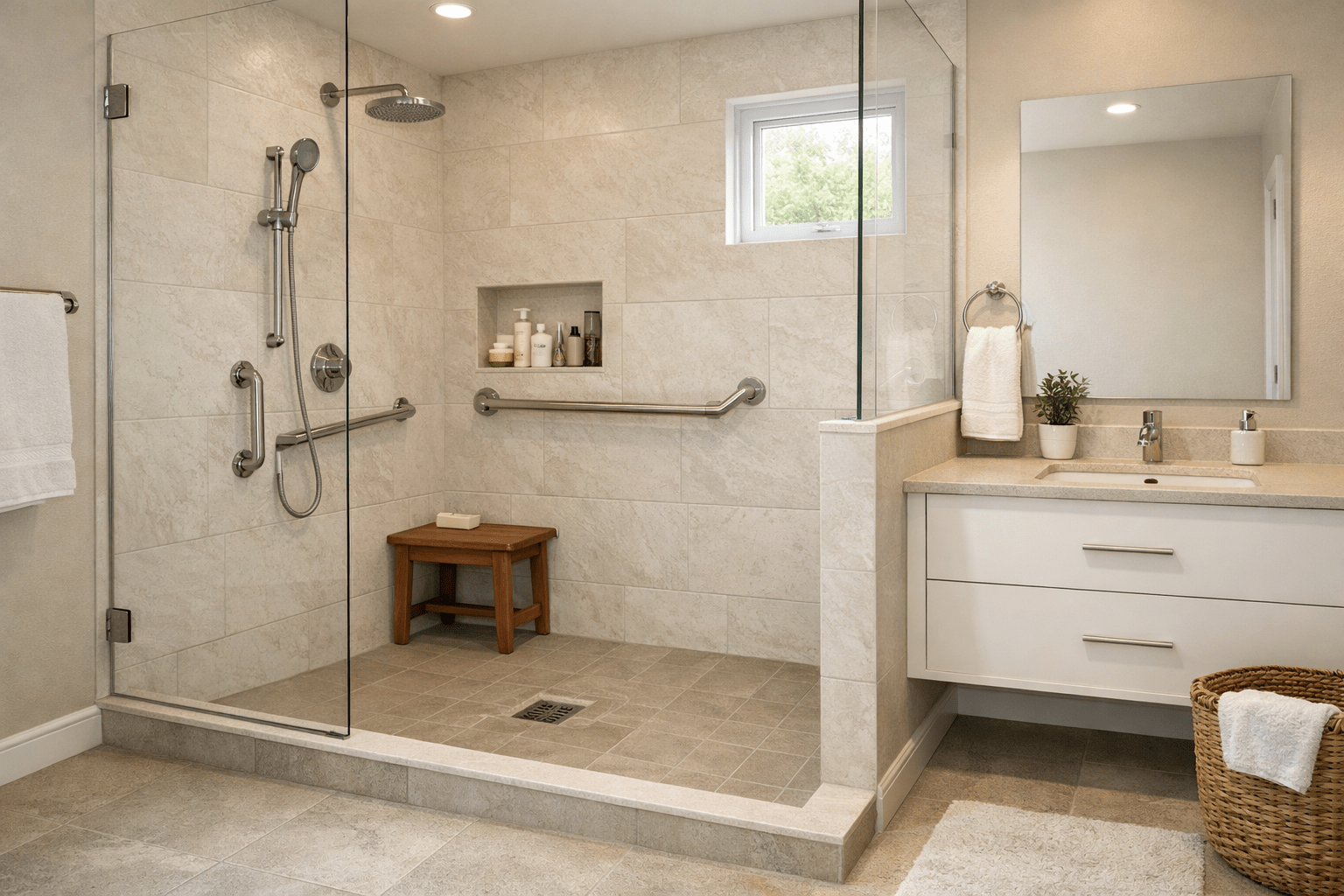 Spacious walk-in shower with low curb entry and bright neutral finishes