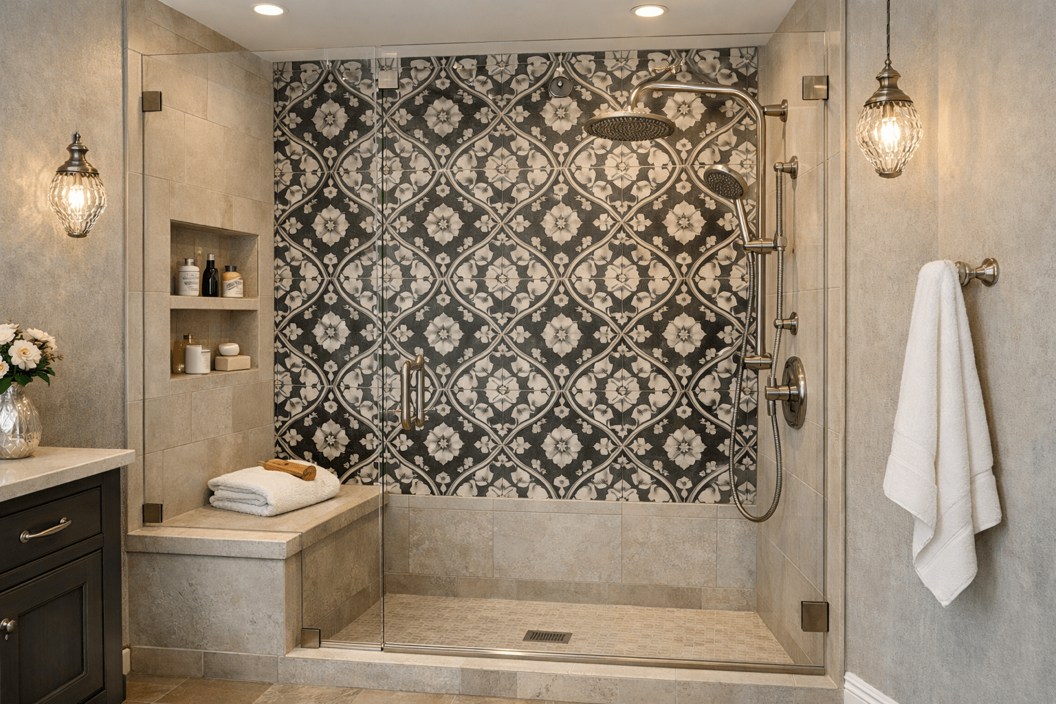 Walk-in shower design with built-in bench, niche, frameless glass, and stylish fixtures