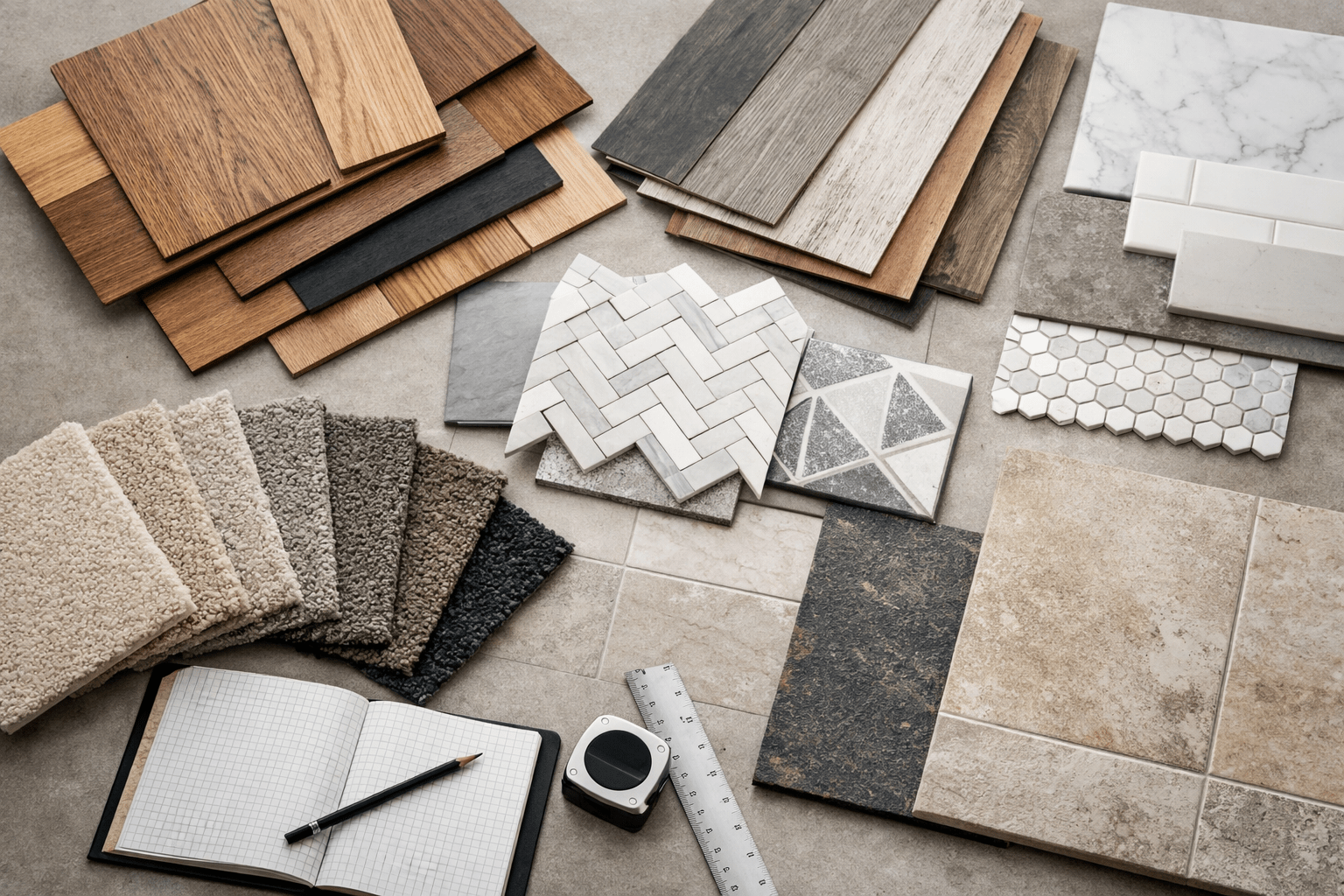 Showroom display of replacement flooring samples including hardwood vinyl tile laminate and carpet