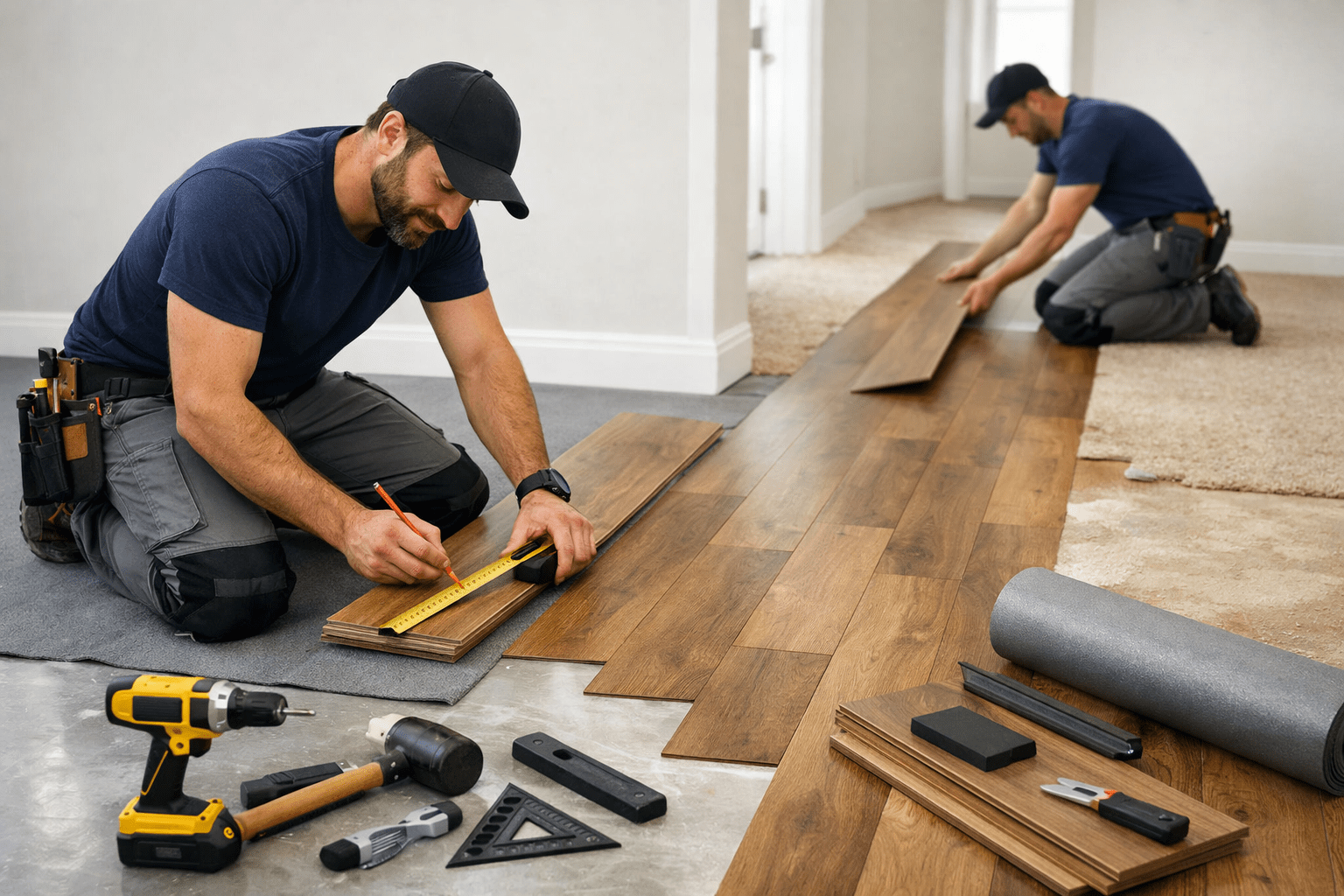 Professional installers replacing flooring in a residential interior