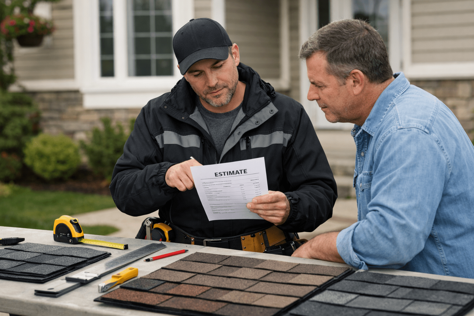 Roofing contractor reviewing roofing estimate paperwork with homeowner and shingle samples outdoors