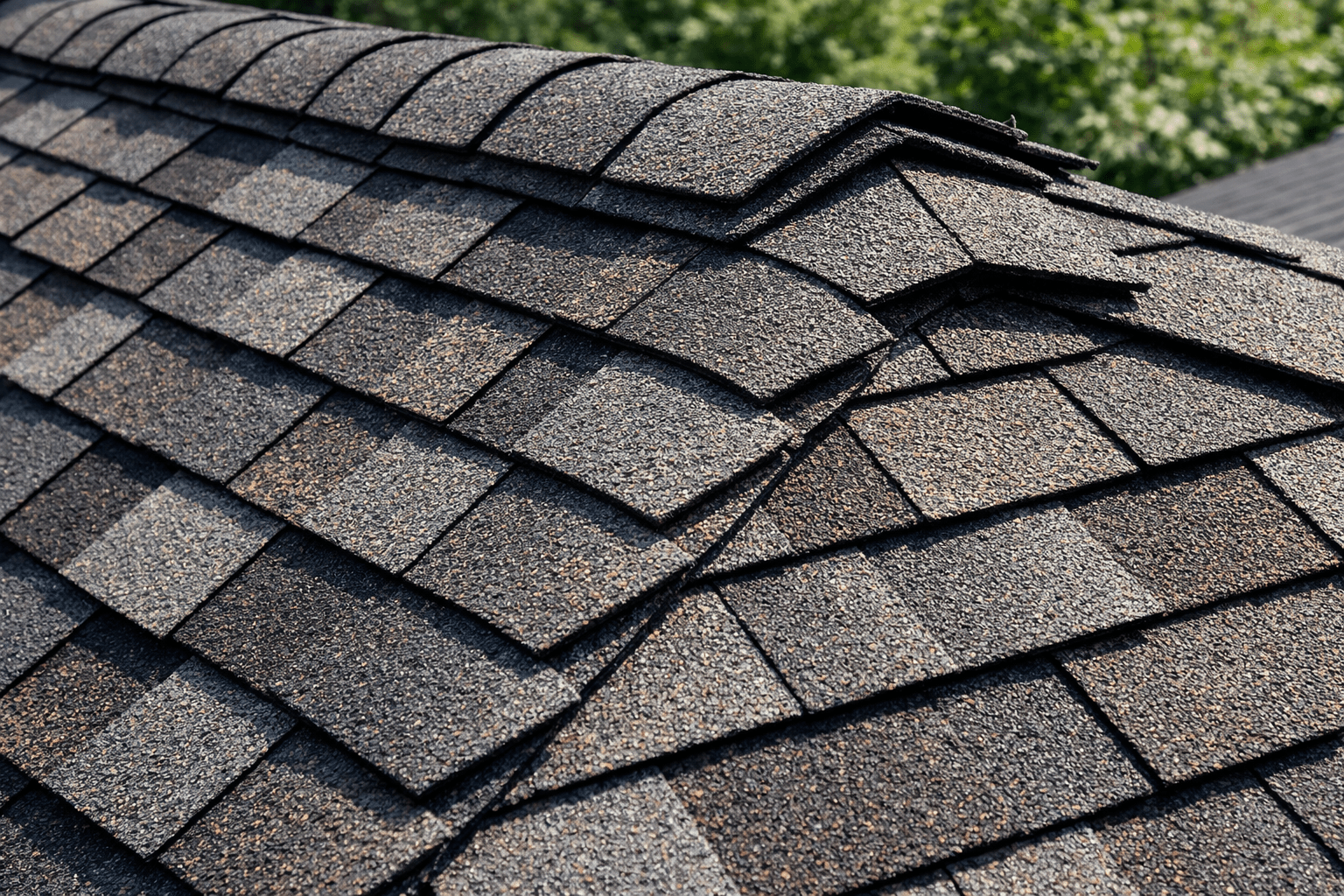 Close-up view of layered architectural asphalt shingles showing dimensional texture and shadow lines