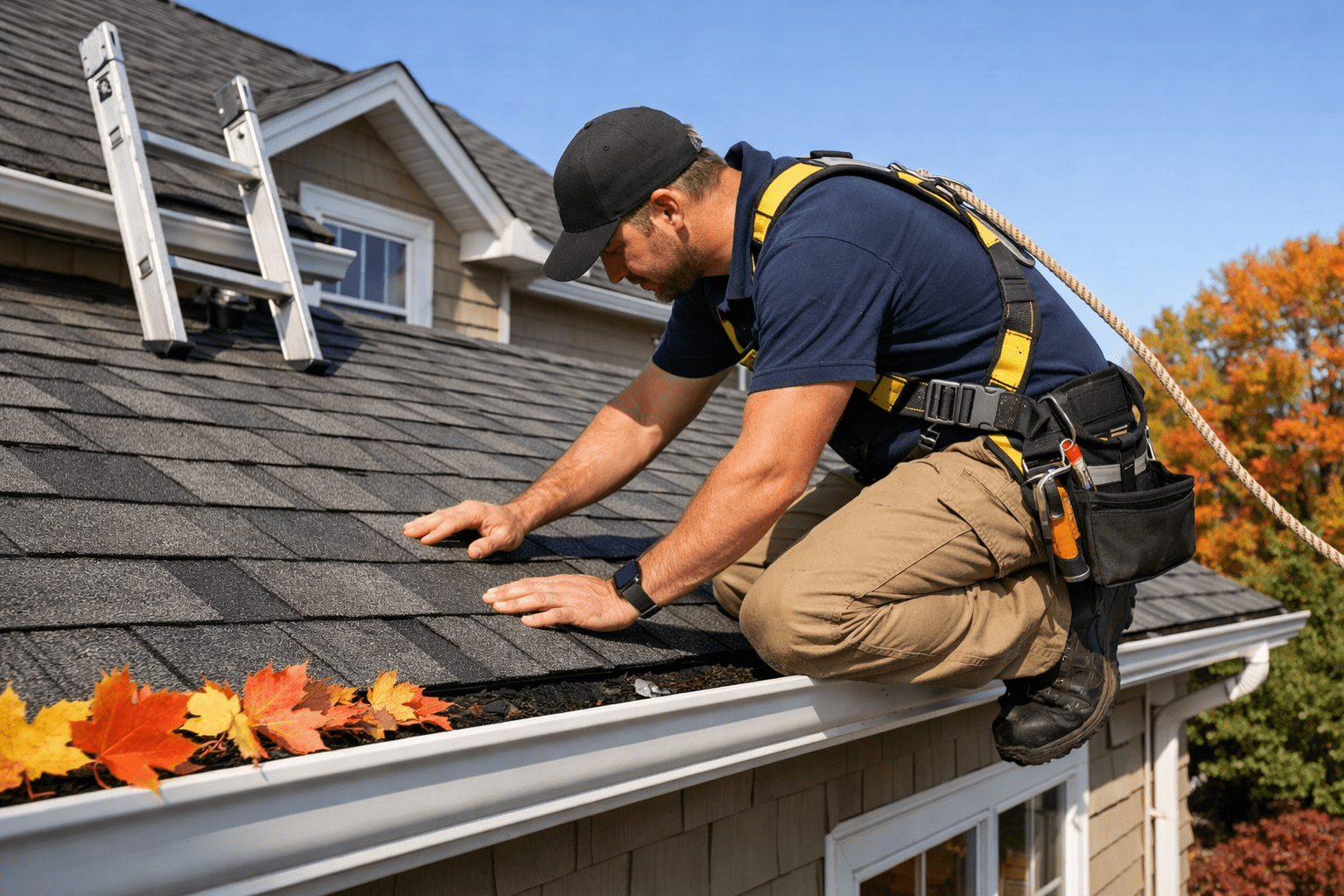 Professional roofer inspecting architectural shingles with safety gear near clean gutters on a residential home