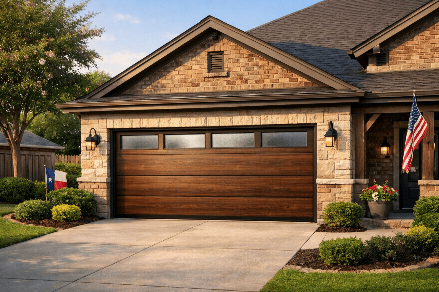 Professionally installed modern garage door on a Denton Texas home