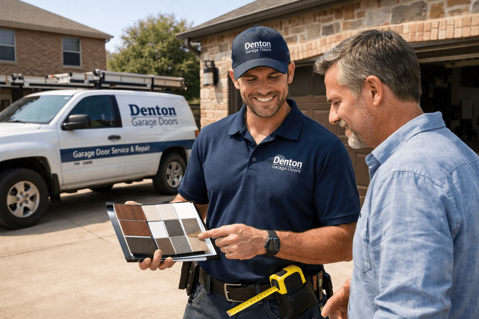 Garage door installation technician consulting with a homeowner in Denton Texas