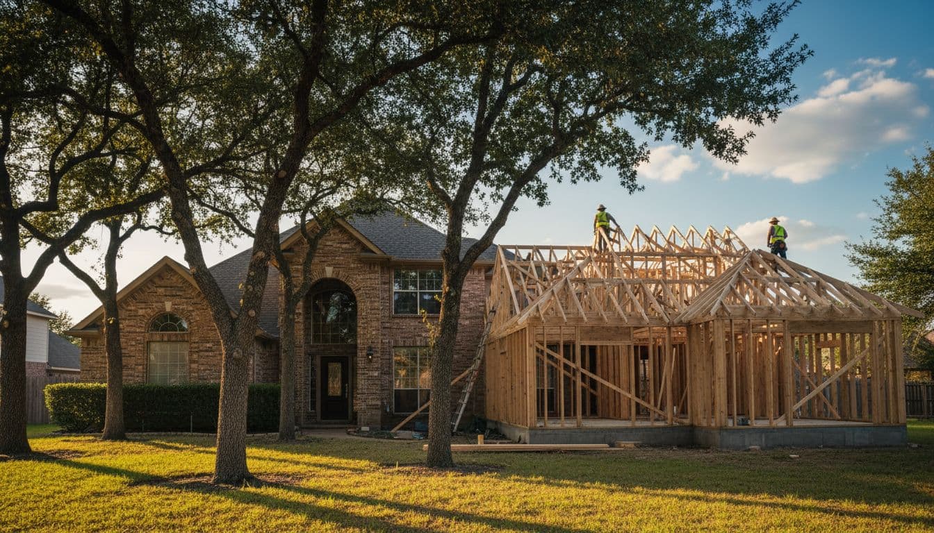 A suburban home addition in Double Oak, North Texas, under construction with framed walls, roof trusses, and blurred distant workers against a sunny afternoon sky and oak trees in the front yard. Cinematic style with strong contrast, depth, and dramatic lighting, professional clean tones.
