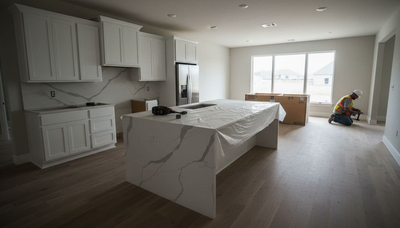 Spacious modern kitchen in a Northlake Texas suburban home during mid-renovation, with white shaker cabinets, quartz island, partially installed stainless appliances, hardwood floors, and natural daylight from a large window.