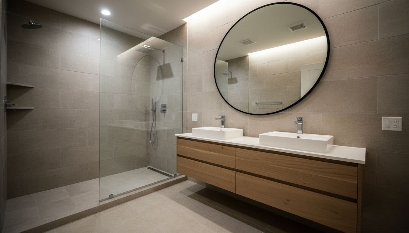 Bright contemporary bathroom remodel in Northlake TX featuring walk-in shower with glass enclosure, double vanity with modern faucets, neutral tile floors and walls, large mirror, and soft cinematic lighting.