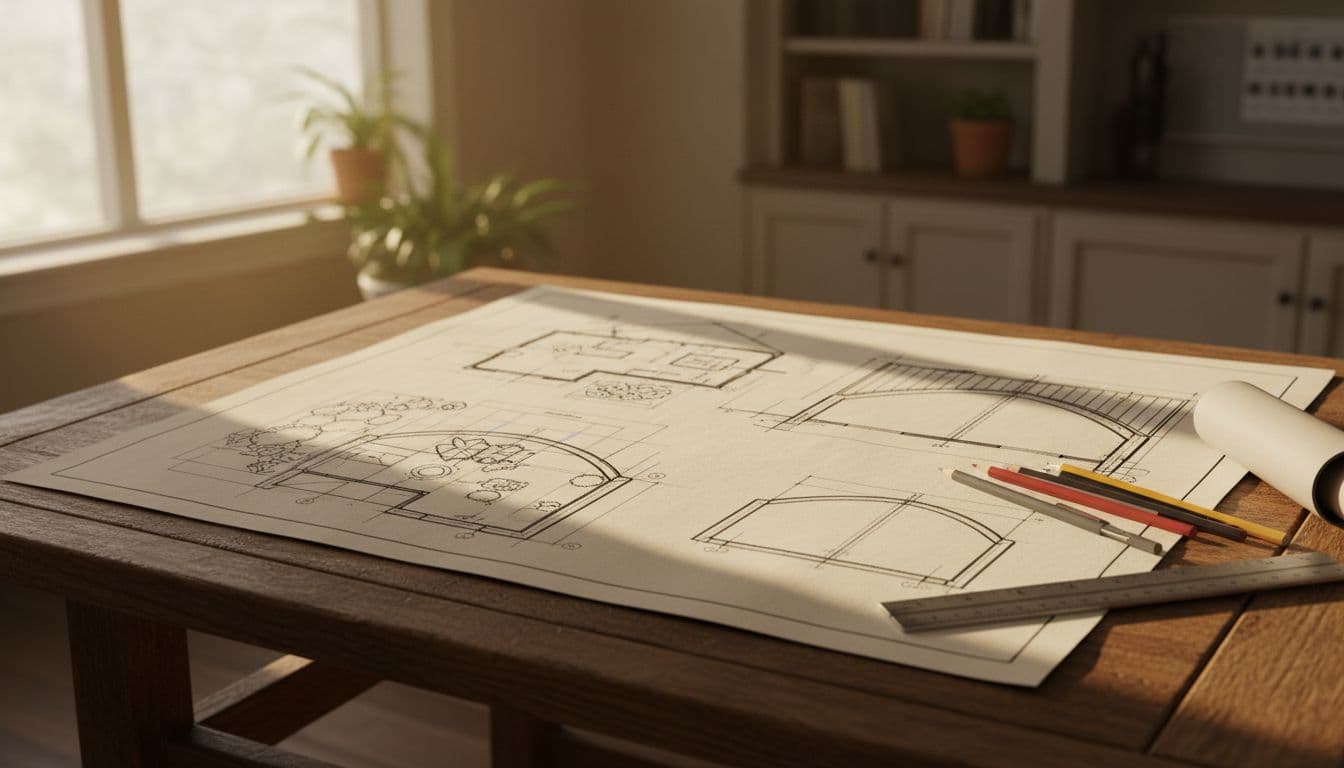 Close-up of detailed architectural plans for a patio cover spread on a wooden drafting table in a bright home office, including site plan, elevation drawings, and framing details with ruler and pencils nearby.