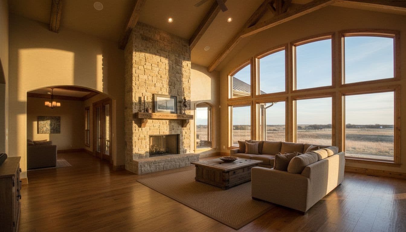 Spacious open living area addition to a Pilot Point TX ranch house with vaulted ceiling, large prairie-view windows, stone fireplace, wood beams, and golden hour lighting.