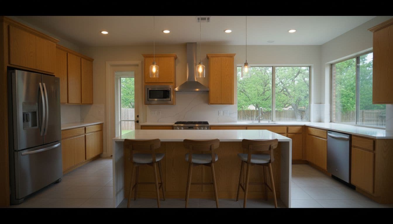 Modern mid-range kitchen remodel in a suburban Ponder Texas home with light oak cabinets, white quartz countertops, large central island, stainless steel appliances, and open layout overlooking green backyard in cinematic realistic style.