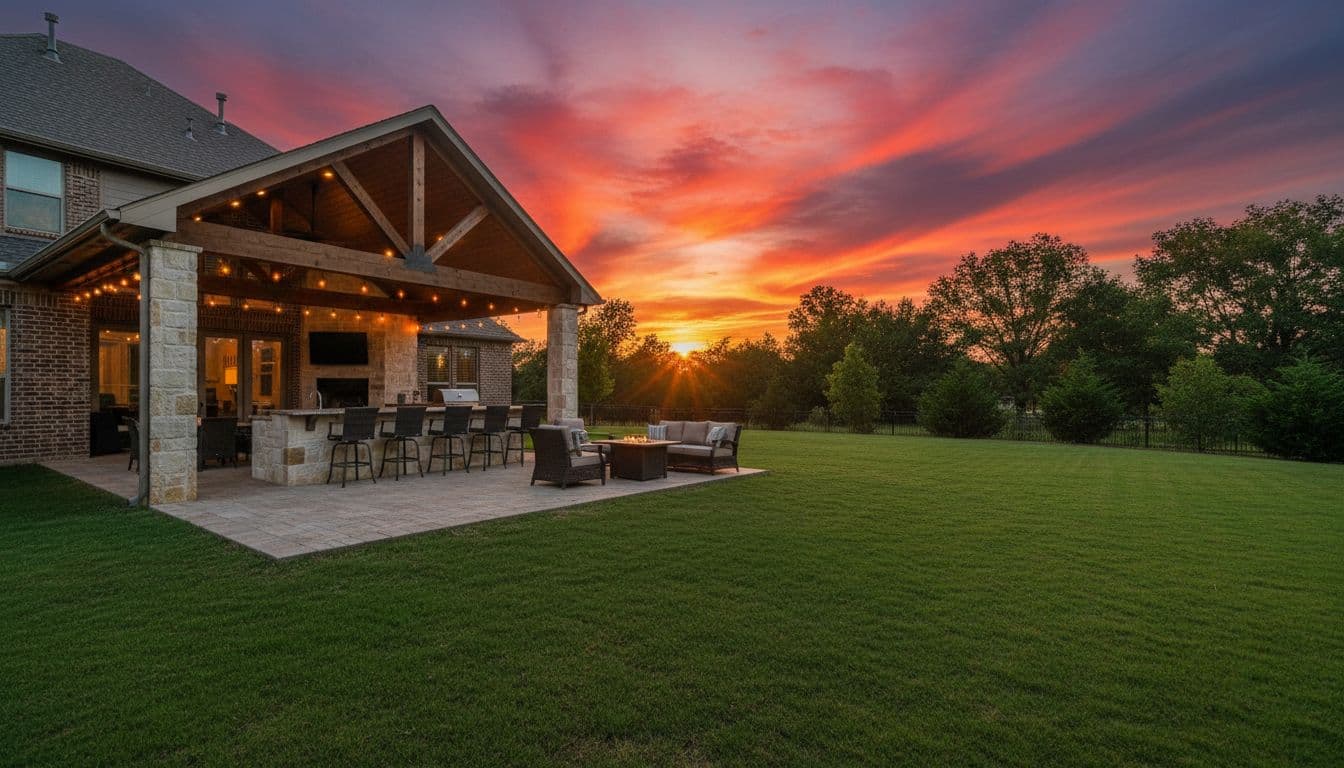 High-detail realistic photo of a backyard addition in Ponder, TX: covered patio with outdoor kitchen island, grill, stone counters, seating area, string lights, green lawn, trees, cinematic wide-angle composition with dramatic sunset lighting and long shadows.
