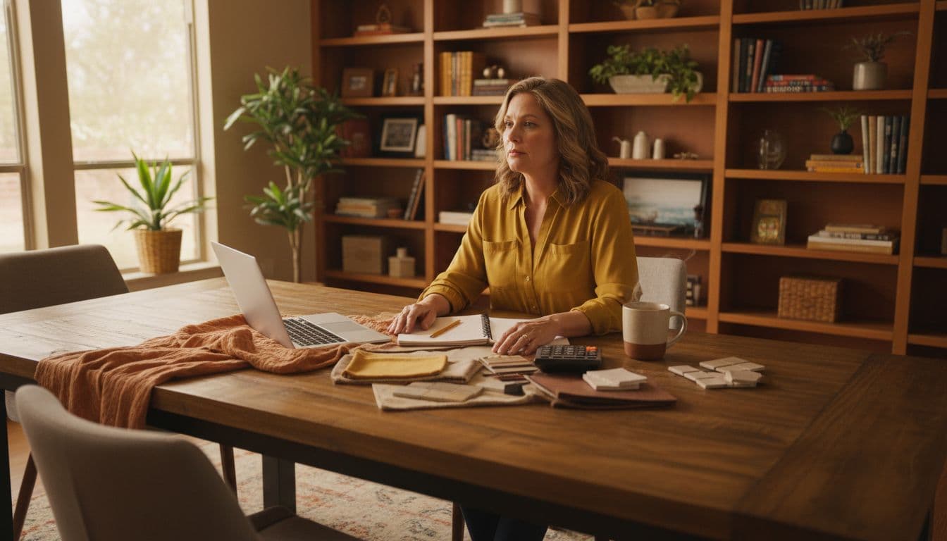 A middle-aged homeowner sits thoughtfully at a rustic wooden dining table in a cozy Texas living room, planning their remodel budget with an open laptop, notepad, pencil, calculator, coffee mug, and scattered material samples under soft natural light.