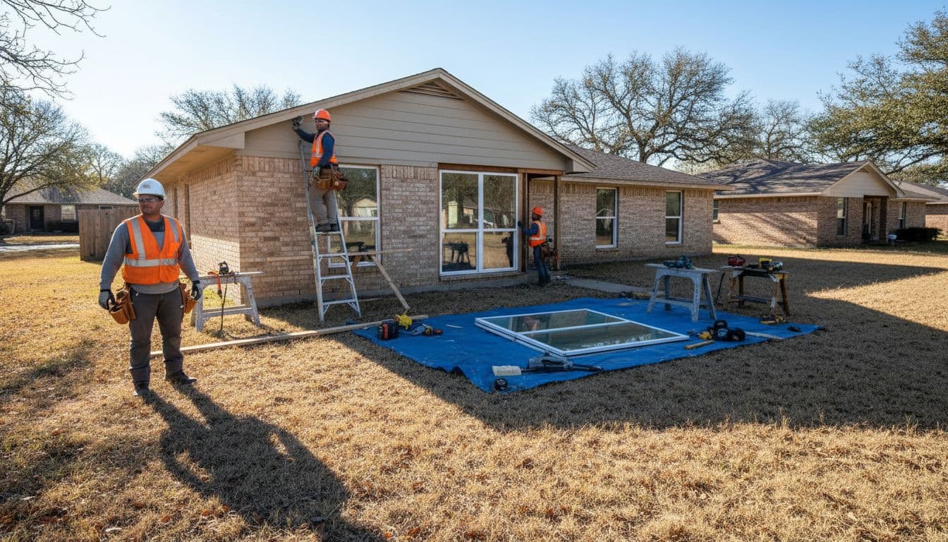Two construction workers in safety gear install fiber cement siding and energy-efficient windows on a suburban Sanger Texas ranch house exterior, with ladders and tools scattered under bright Texas sunlight.