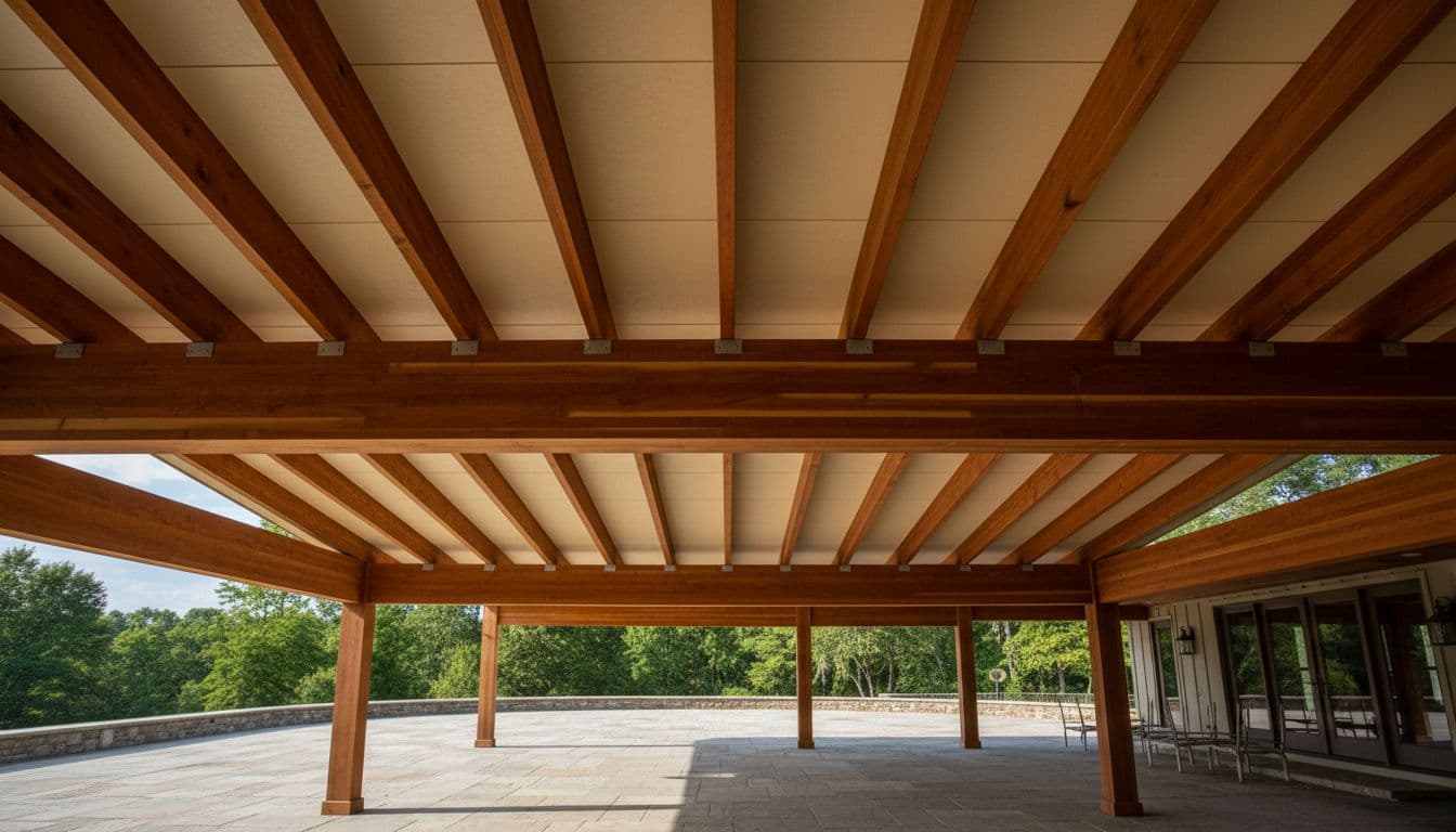 Detailed close-up from below showcasing richly stained cedar wood beams, rafters, and insulated panels of a patio cover in a spacious North Texas backyard, with warm tones and cinematic lighting.