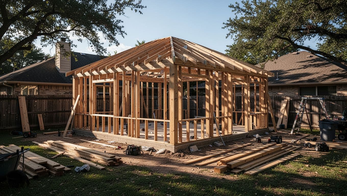 Wood framing for a patio addition in a suburban Texas backyard under sunny afternoon light, captured in cinematic style with strong contrast, depth, and dramatic lighting, focusing solely on the structure.