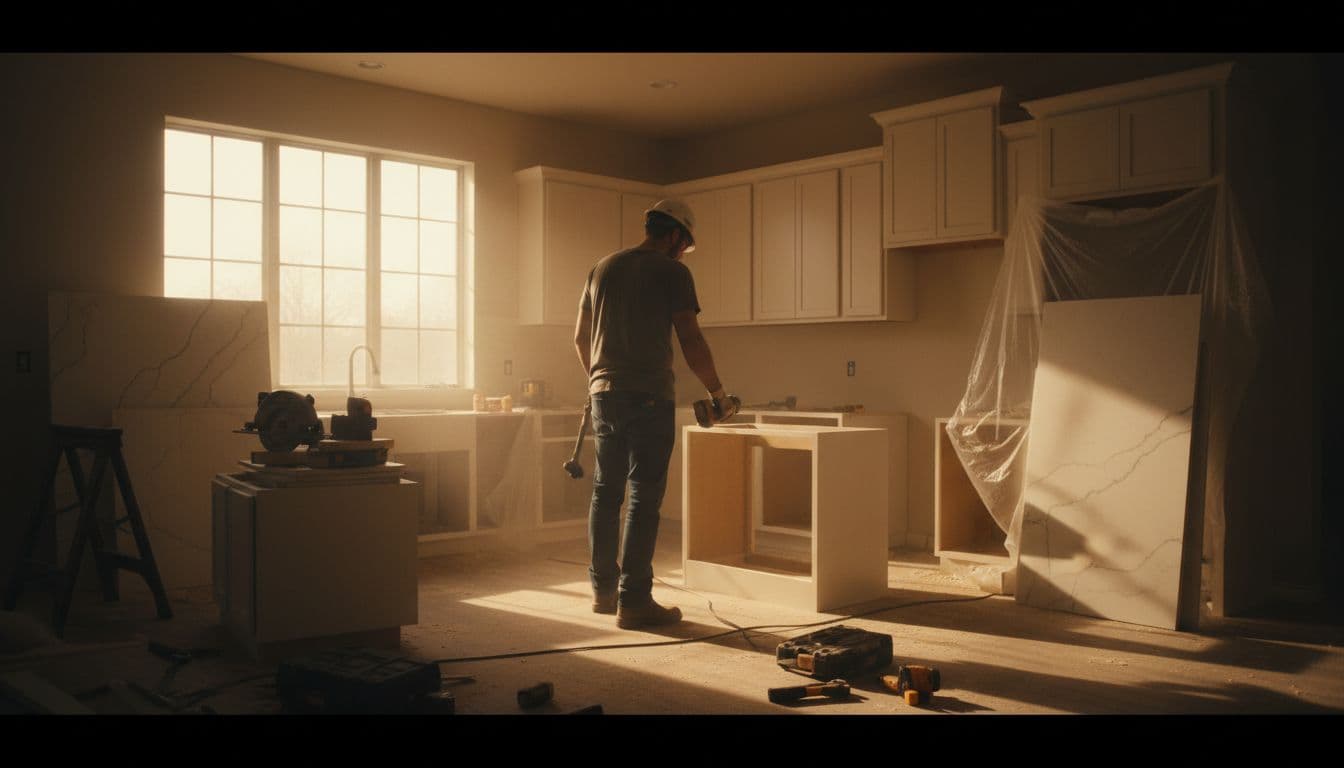 Worker installing new cabinets and countertops during a modern kitchen remodel in a suburban Texas home, with natural daylight, scattered tools, cinematic lighting, and warm tones.