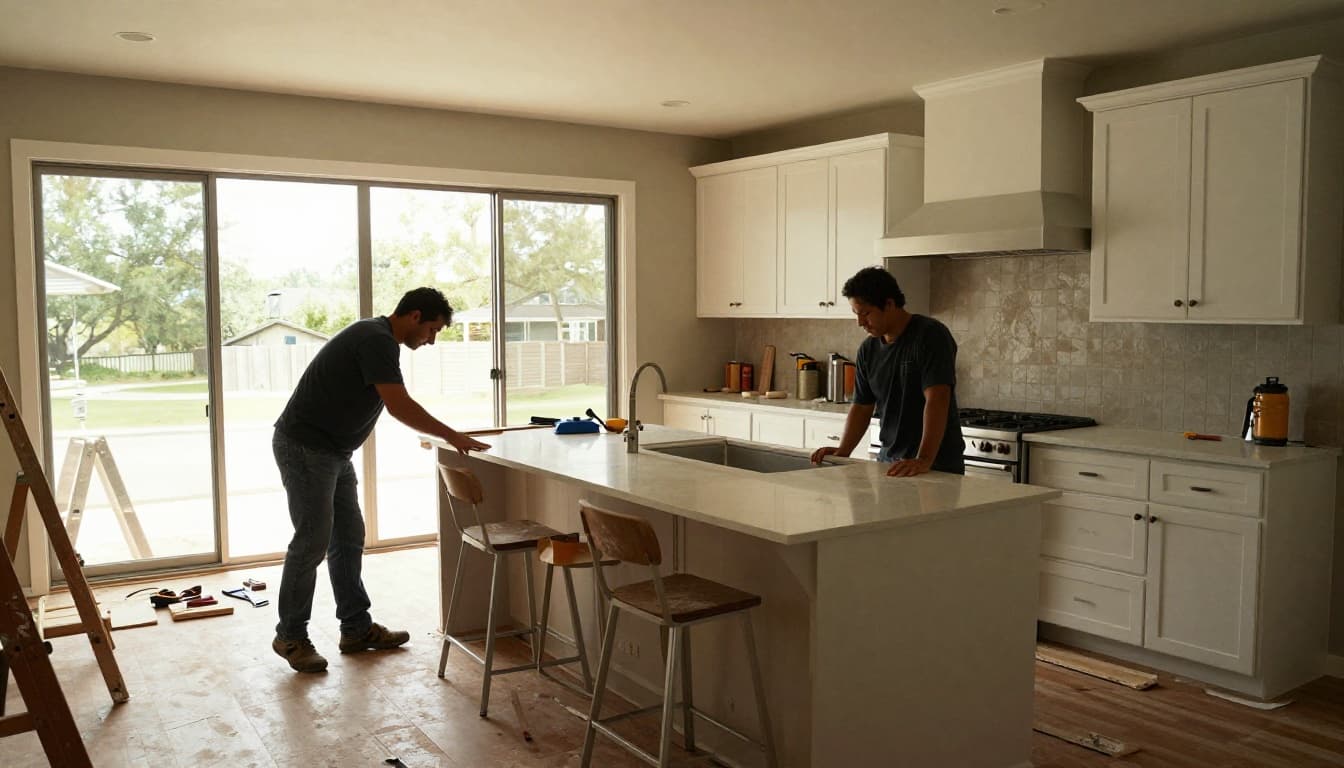 Two workers in casual attire install modern cabinets and quartz countertops in a spacious suburban Texas kitchen during remodel, featuring open layout with island, natural window light, scattered tools, cinematic style with dramatic lighting and warm tones.