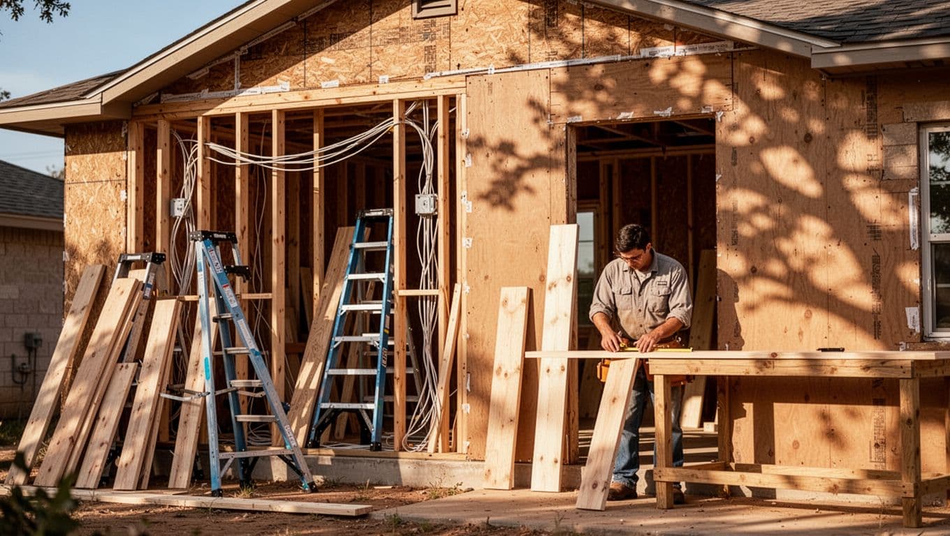 Interior view through an open exterior wall of a house under whole home remodel in Lake Dallas TX, revealing new framing and electrical wiring, with ladders, stacked materials, and one carpenter measuring wood on a sunny day with dramatic shadows and cinematic lighting.