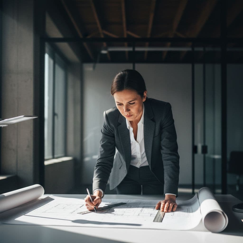 A focused architect leans over a white desk, carefully studying intricate blue construction schematics. Dramatic side lighting highlights the architectural details and the professional's determined expression within the dim modern office.
